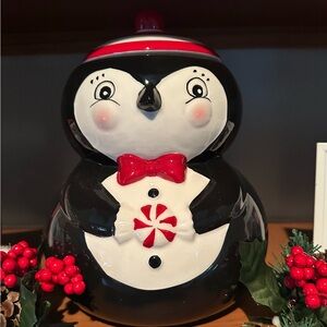 Festive Penguin Cookie Jar - Black, White, and Red